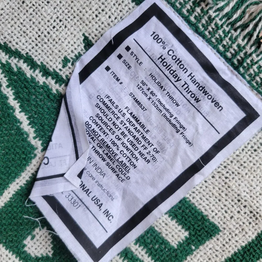 VTG Christmas Throw Blanket Woven Cotton Green White Houses Trees Reversible